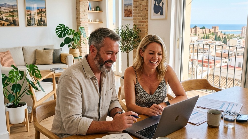 Expat couple sitting in their new Spanish home planning their mortgage options
