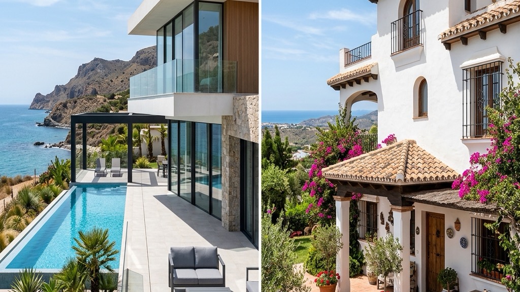 Side-by-side comparison of modern new build and classic resale villa in Spain