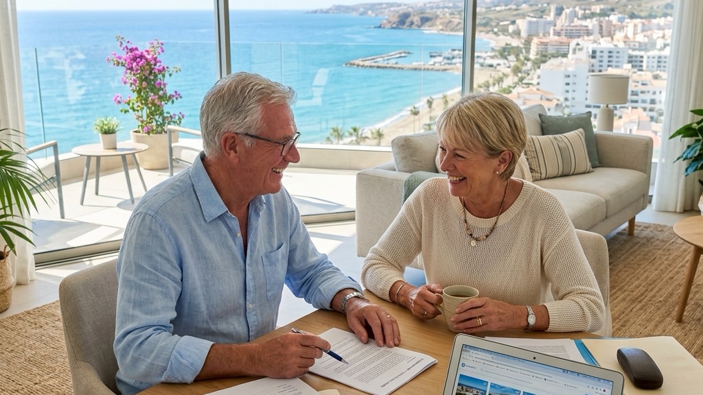 Retired couple reviewing mortgage options for their new home in Spain