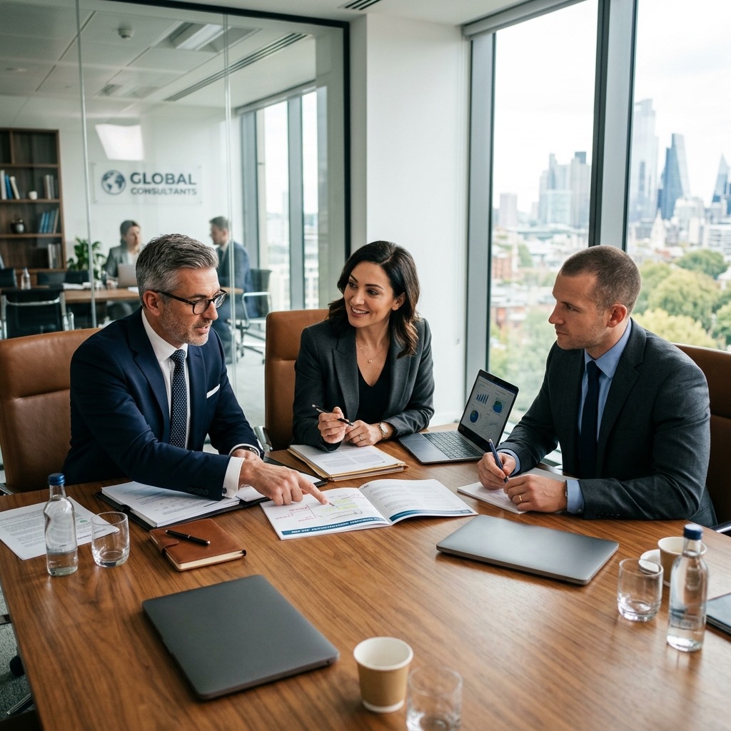 Elegantly dressed business advisors in a modern office discussing property documents